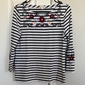 J. Crew Black and White Striped Top with Floral Embroidery